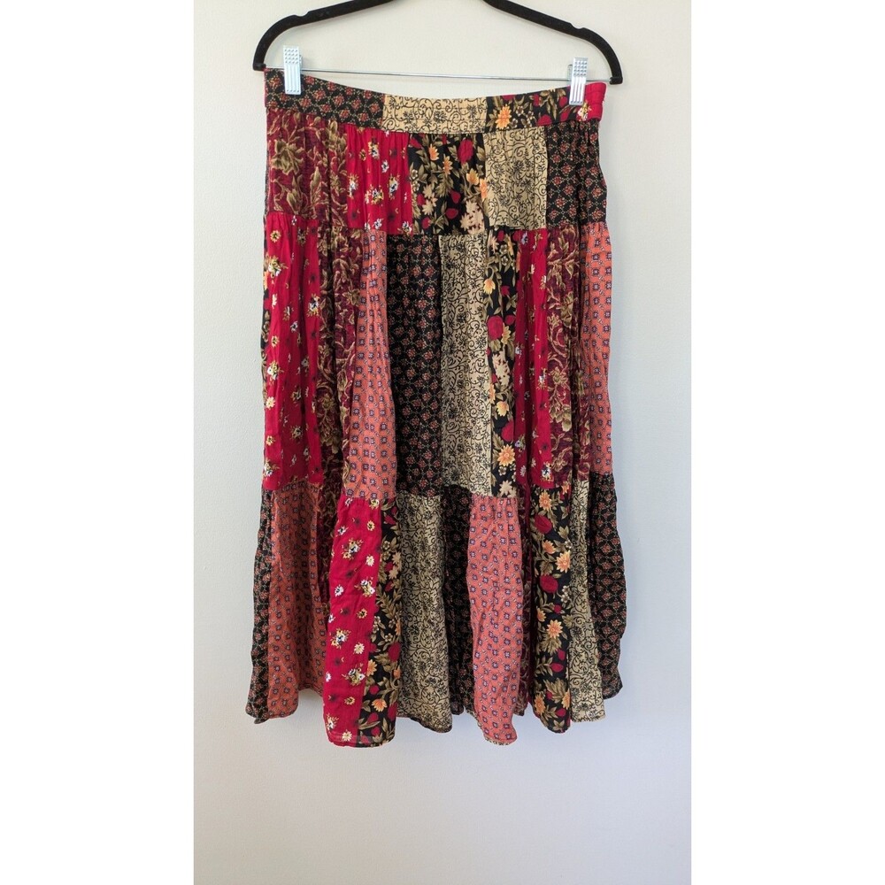 Vtg 90s Sag Harbor Patchwork Tiered Maxi Skirt PL Whimsigoth Boho Dark Cottage